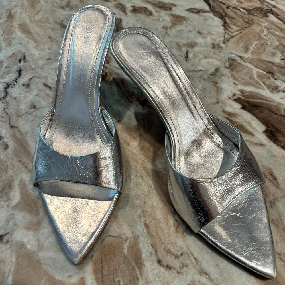 Zara heeled silver metallic slide/ mule - size 9